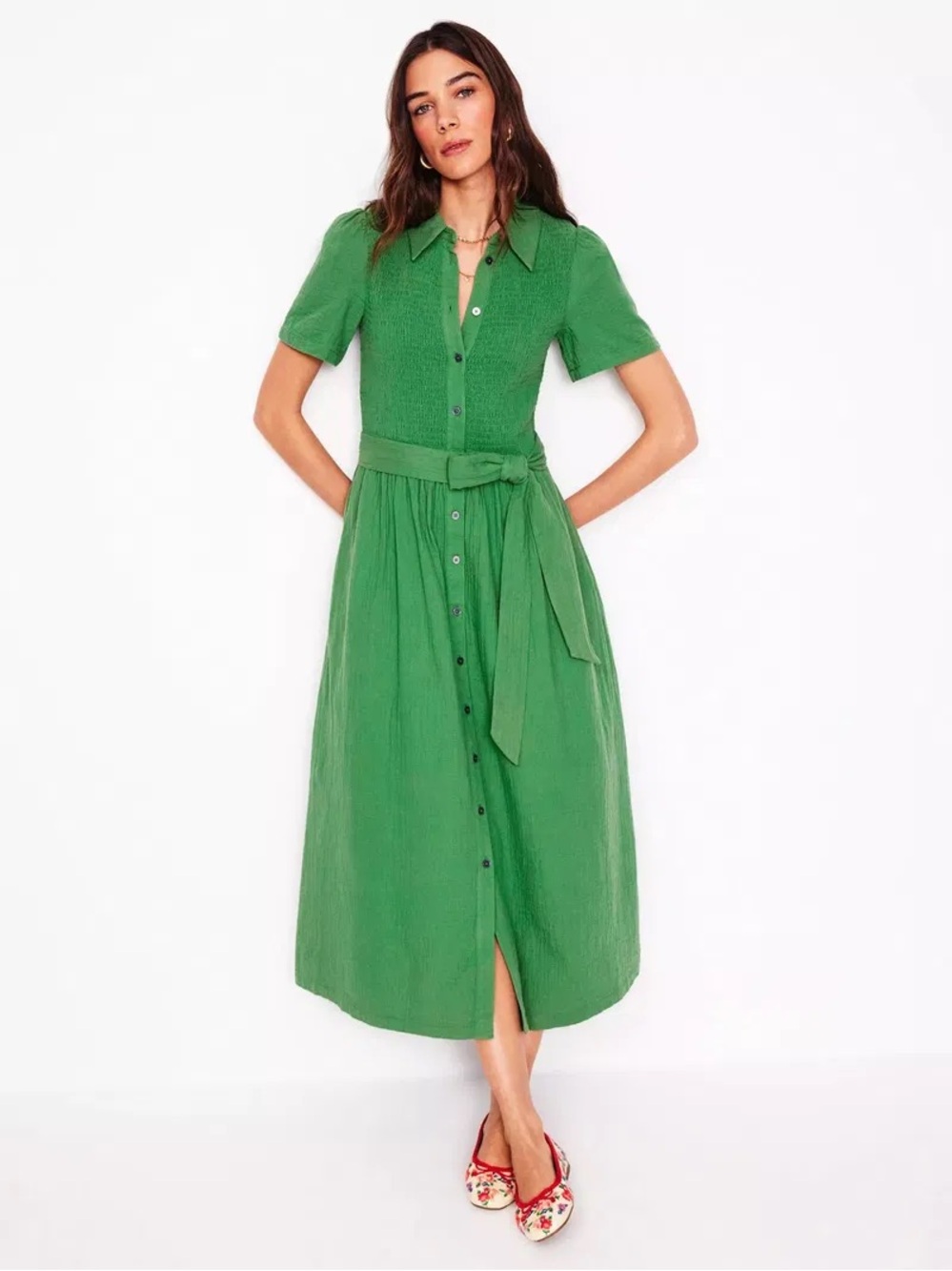 Boden Amber Paradise Green Double Cloth Midi Dress Women's 8R 100% Cotton